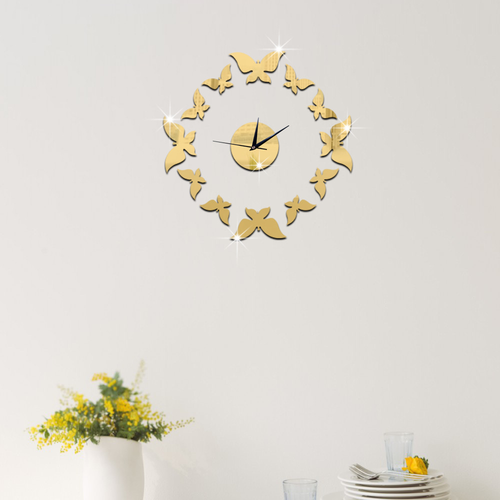 Baggrund vægdekoration krystal tredimensionelt sommerfugl ur spejl miljø akryl wallsticker cms 05