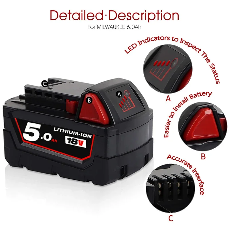 Remplacement 18V 12.0Ah pour batterie au Lithium Milwaukee M18 XC 48-11-1860 48-11-1850 48-11-1840 48-11-1820 Batteries rechargeables