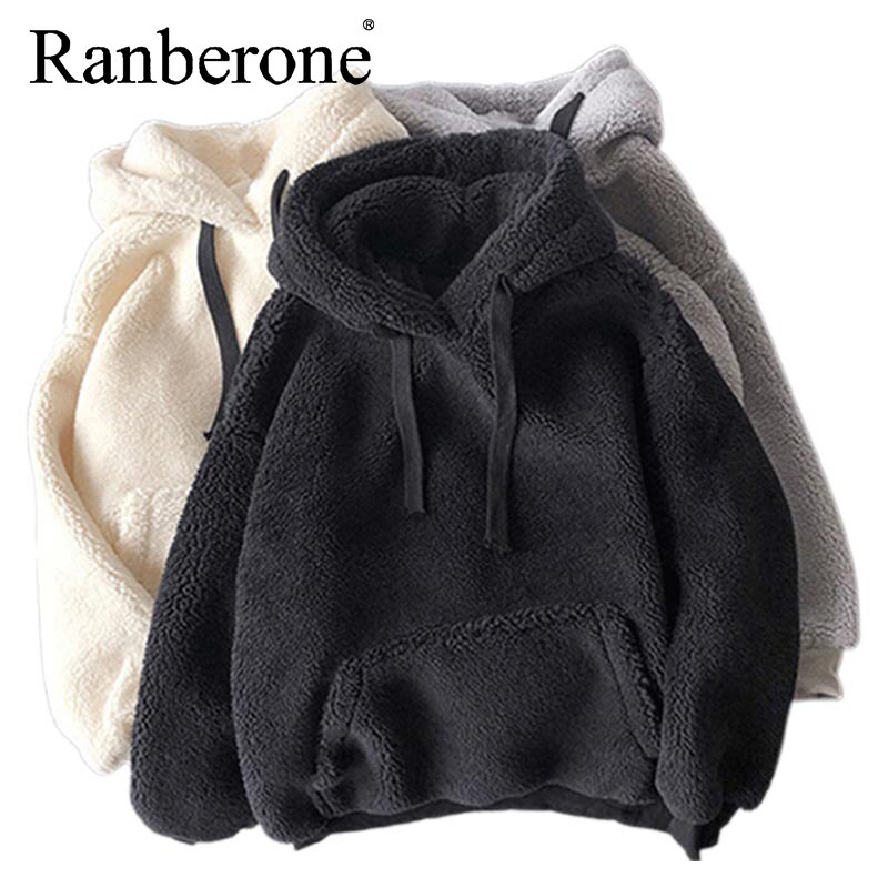 Ranberone Vrouwen Warm Fleece Hoody Herfst Winter Kleding Pluche Warme Pluizige Double Hoodies Trui Losse Sportkleding