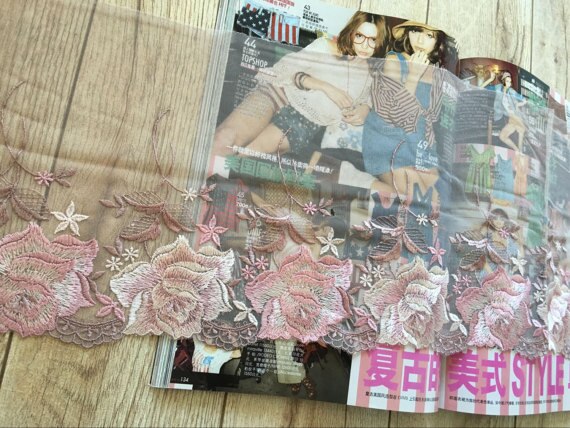 Roze Geborduurde Bloemen Kant Trim, Tule Kant Trim Met Gekleurde Borduurwerk, dusty Roze Mesh Kant Met Roze Pioen Roos, Beha Kant