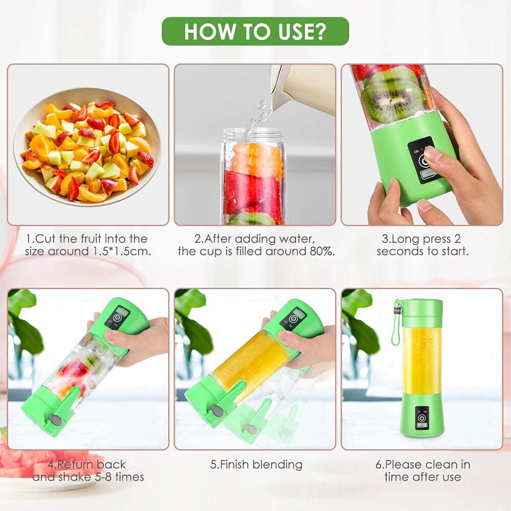 380Ml 6 Blades Draagbare Blender Elektrische Fruitpers Huishoudelijke Oranje Citruspers Voor Kind Thuis Keuken Mixer Smoothie Maken