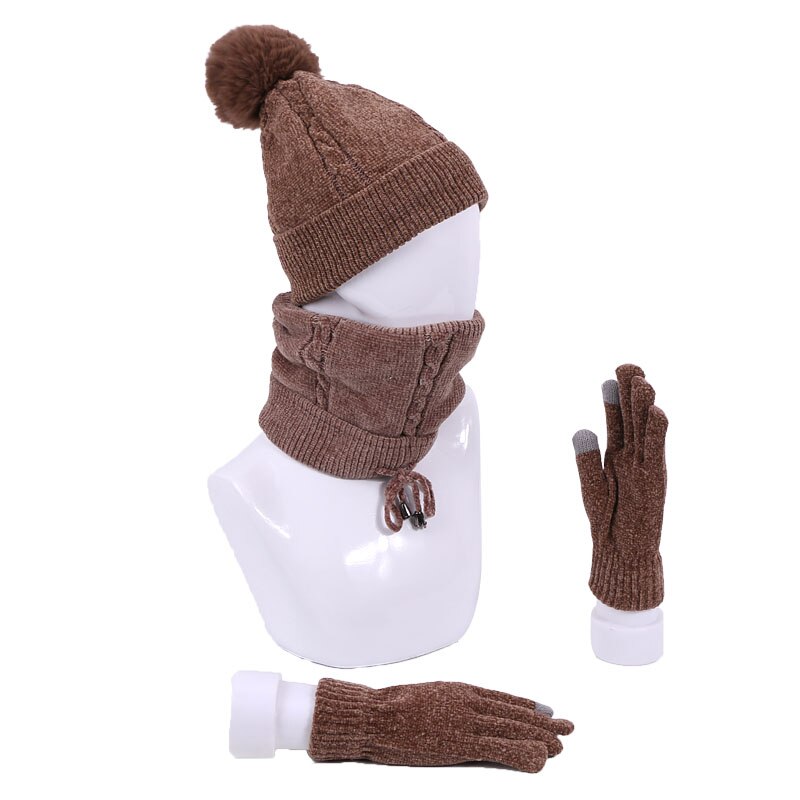 Winter dames muts met pompon, sjaal en handschoenen, warme zachte gebreide outdoor gehaakte skimuts met dikke voering, chenille zachte mutsset: C