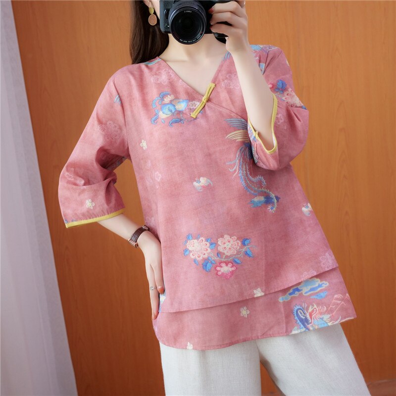 2022 chinese traditional top v neck floral printing cotton and linen qipao collar loose hanfu top tang suit