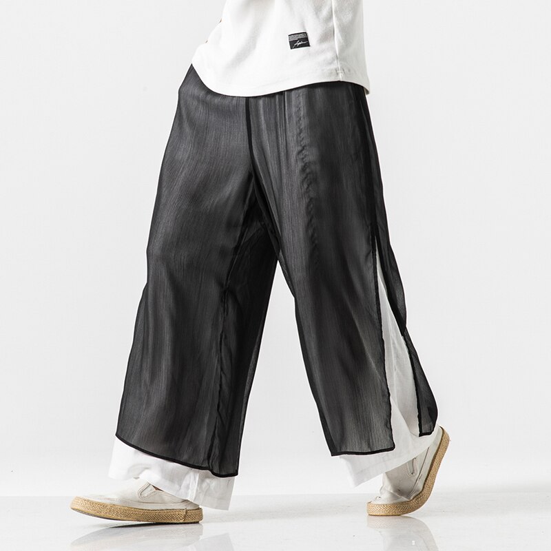 Men Double Layer Chinese Style Cotton Linen Casual Wide Leg Pants Male Streetwear Mesh Splice Loose Straight Skirt Trousers Mid