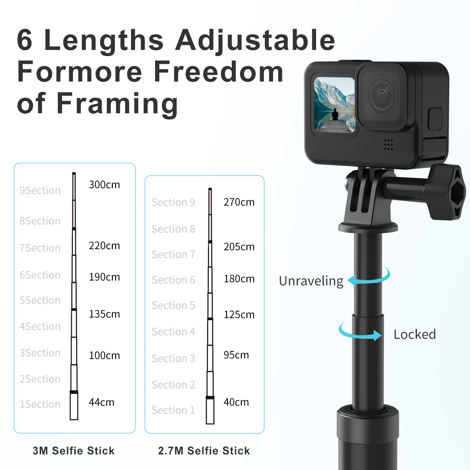 TELESIN-Perche à selfie en fibre de carbone pour GoPro, monopode long de 3m, accessoires pour caméra d'action DJI, foreInsta360