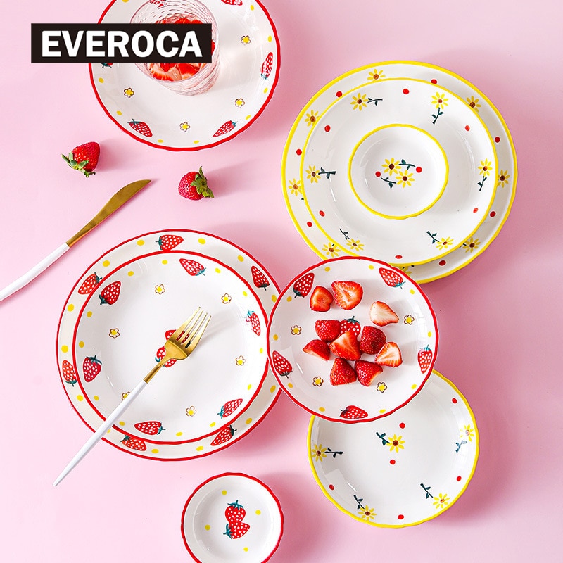 Ceramic Plate Cutlery Strawberry Sun Flower Cartoon Pattern Home Cute Steak Western Food Main Dish Taste Dish Kitchen Tool