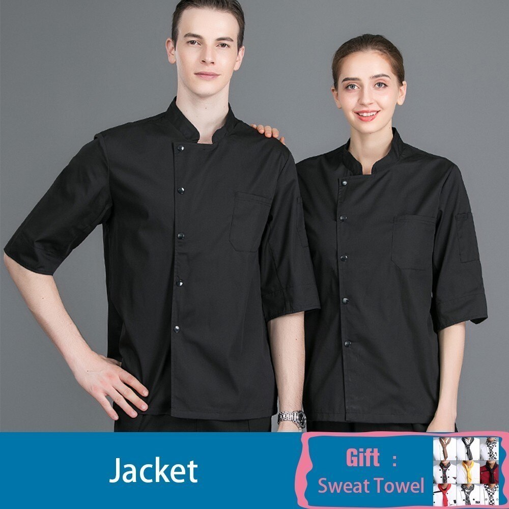 Kokkeuniform syvkvarters ærme ensfarvet unisex tryk køkkenjakke catering hotel barberer tjener arbejdsskjorte: Sort / M