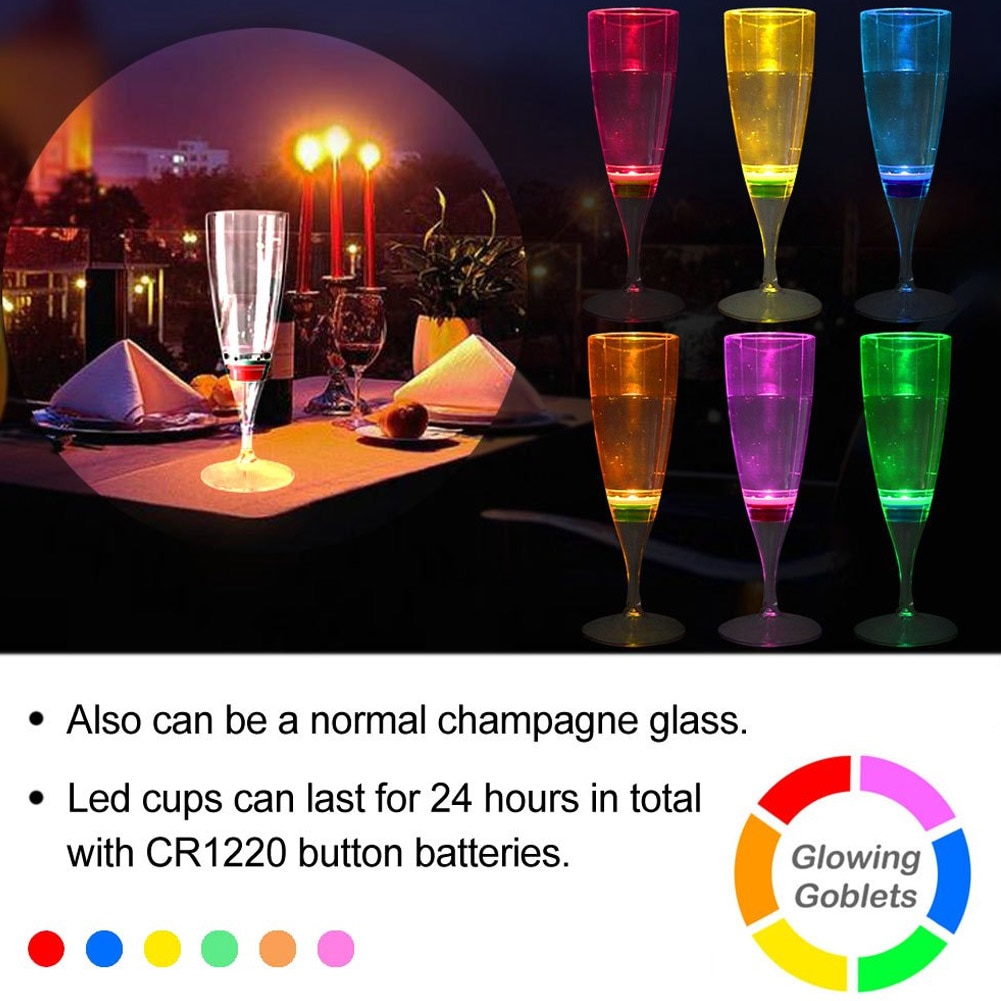 6 pièces LED vin Champagne flûte verres eau liquide activé clignotant lumière tasses JA55