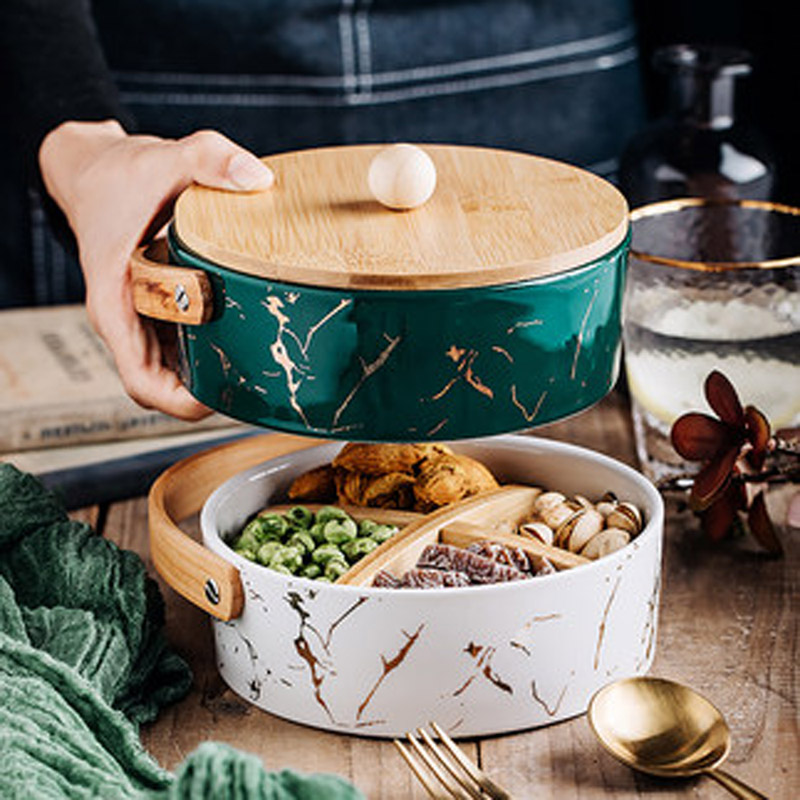 FANCITY ceramic grid plate with lid dried fruit plate fruit platter Nordic living room household fruit box snack snack