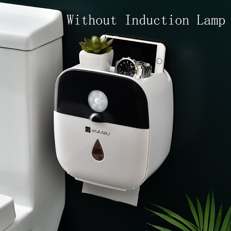 Wall Mounted Waterproof Tissue Holder Box With Human Intelligent Sensor Lamp Bathroom Paper Towel Holder For Phone Storage Box: Black(No Lights)