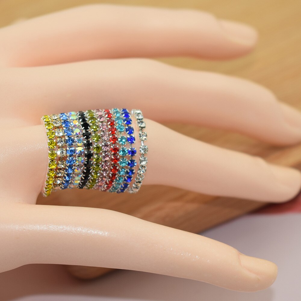 10 stück koreanische Ausführung mehrfarbige strassringe für damen, 1 reihe gemischtfarbiger kristallringe, dehnbarer kristallring, zehenring, partyschmuck