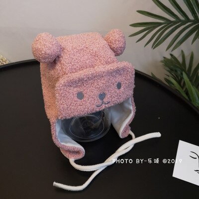Baby cartoon berenmuts, peuter wollen muts met oorkleppen, baby winter warme muts: Roze