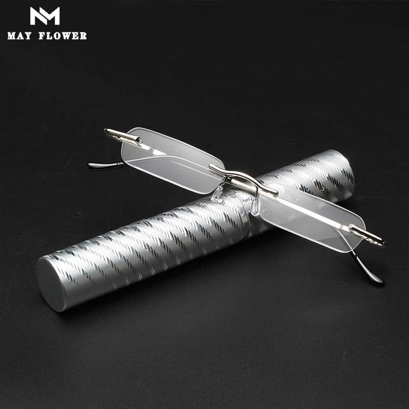 Kan Bloem Mini Draagbare Leesbril Kleine Metalen Randloze Verziend Brillen Met Pen Tube Case Mini Lezen Brillen + 3.5 + 4
