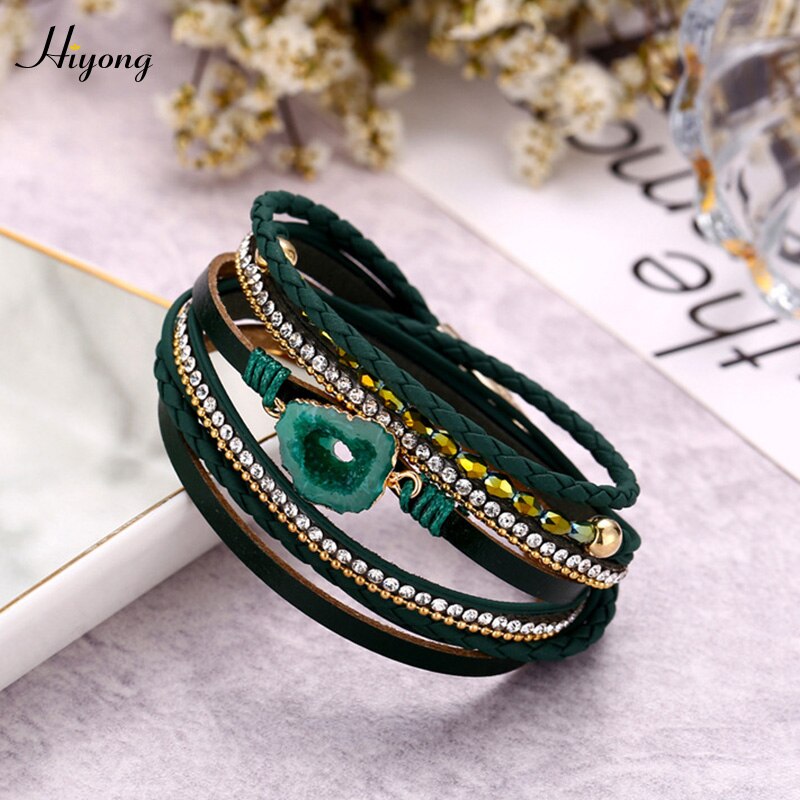 HIYONG Green Multilayer Leather Bracelet Vintage Magnet Buckle Bracelets Crystal Rhinestone Wrap Bracelet Boho Female Jewelry