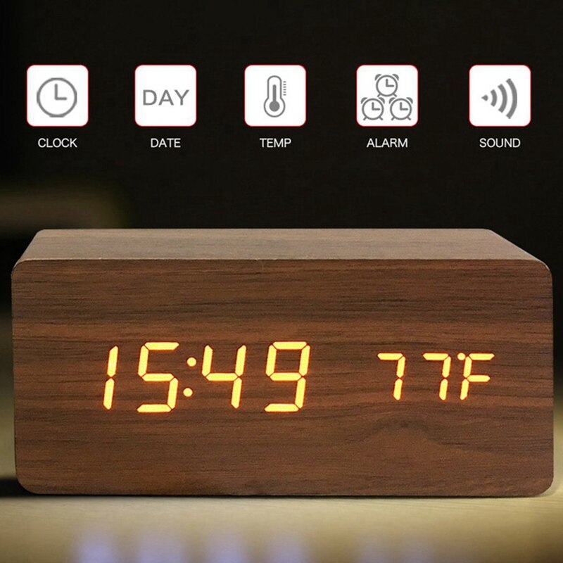 Multifunctionele led houten elektronische wekker met gedempte temperatuur, wekker met dubbel display, usb-wekker