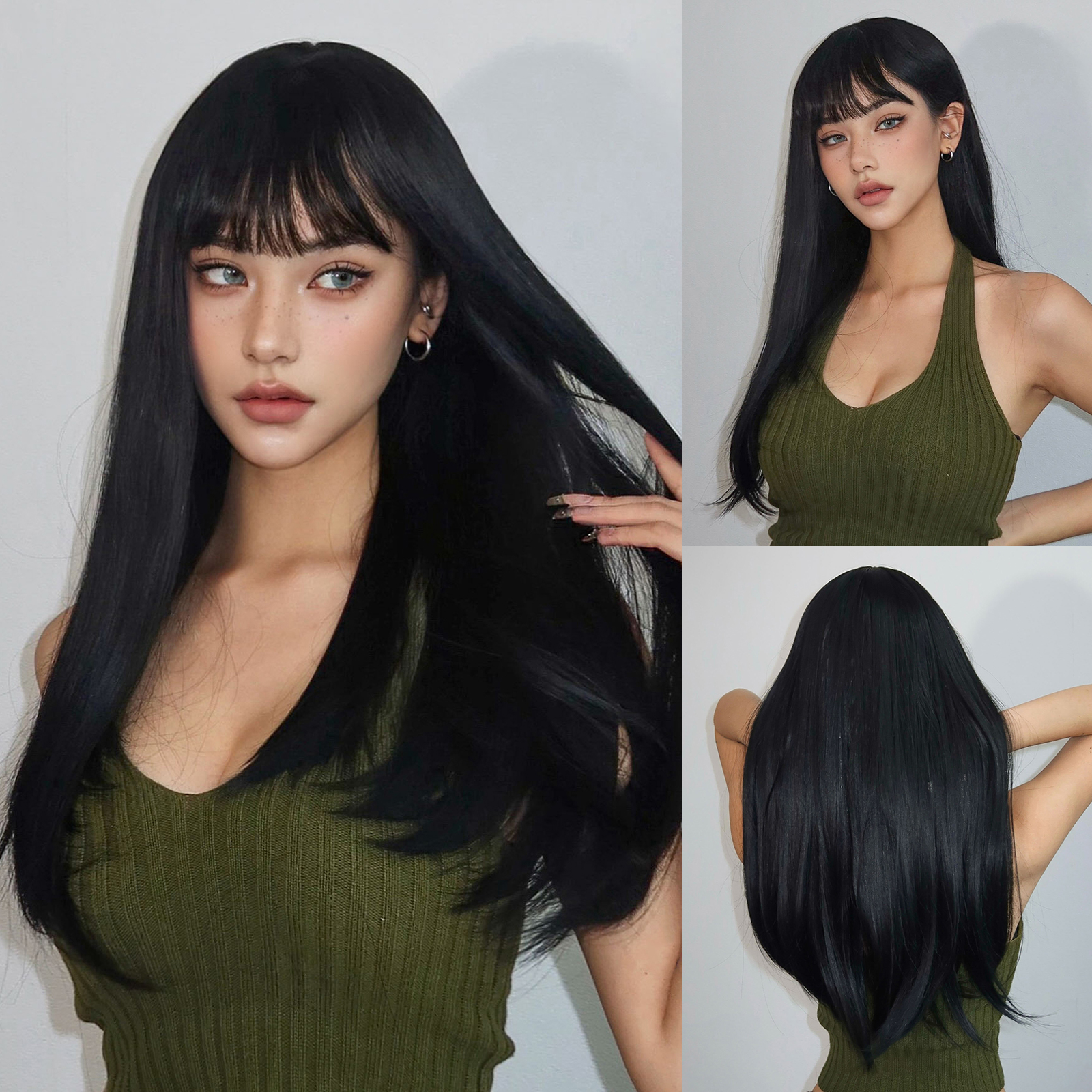 Lange gerade dunkelbraune synthetische Perücken mit Pony, seidige geschichtete Perücken für Frauen, täglicher Partygebrauch, Naturhaar-Perücke, hitzebeständig: #8
