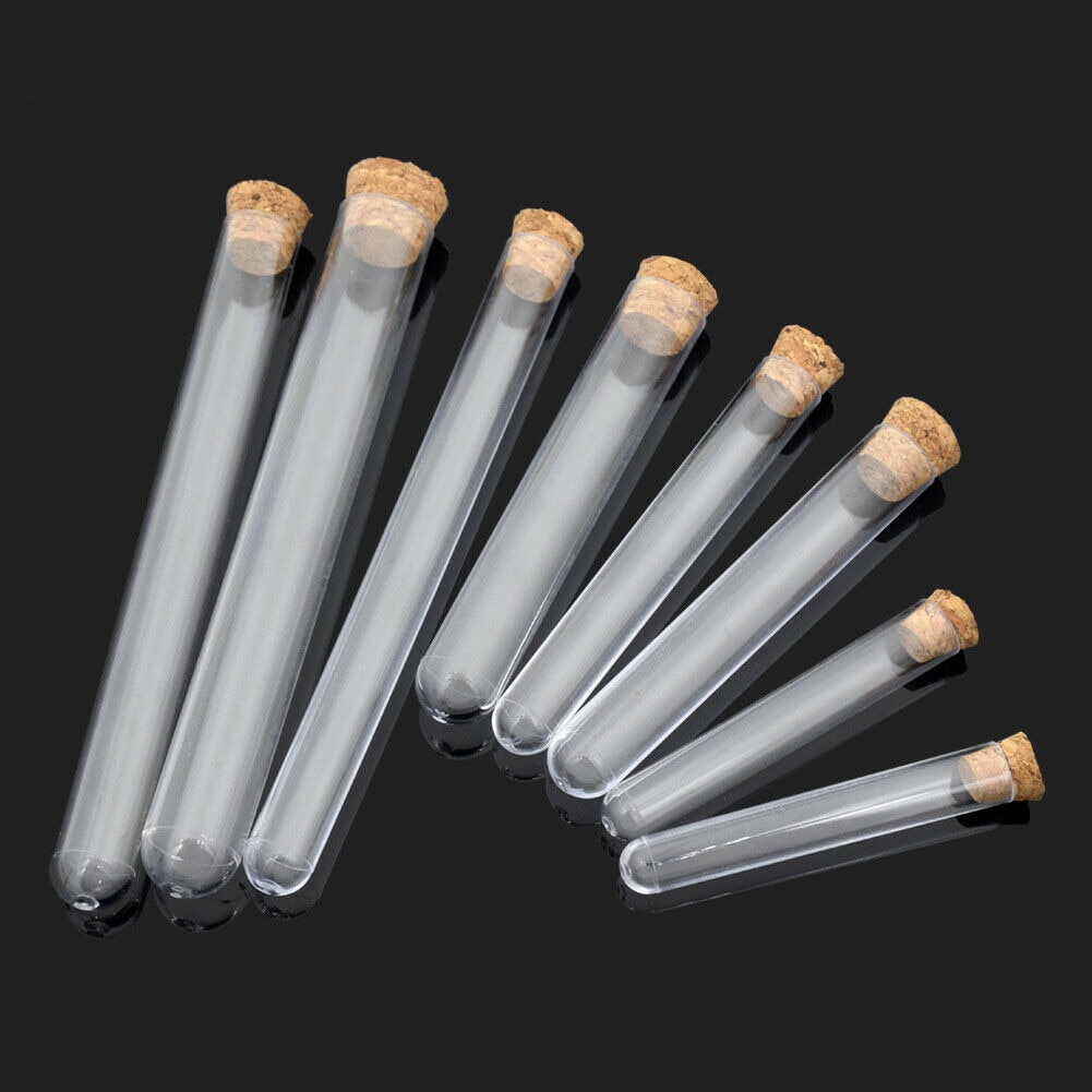 100 Uds 15 ml/20 ml tubo de ensayo de plástico con frasco con tapón de corcho botellas de muestra objetos caseros frascos para almacenar alimentos envase de caramelos