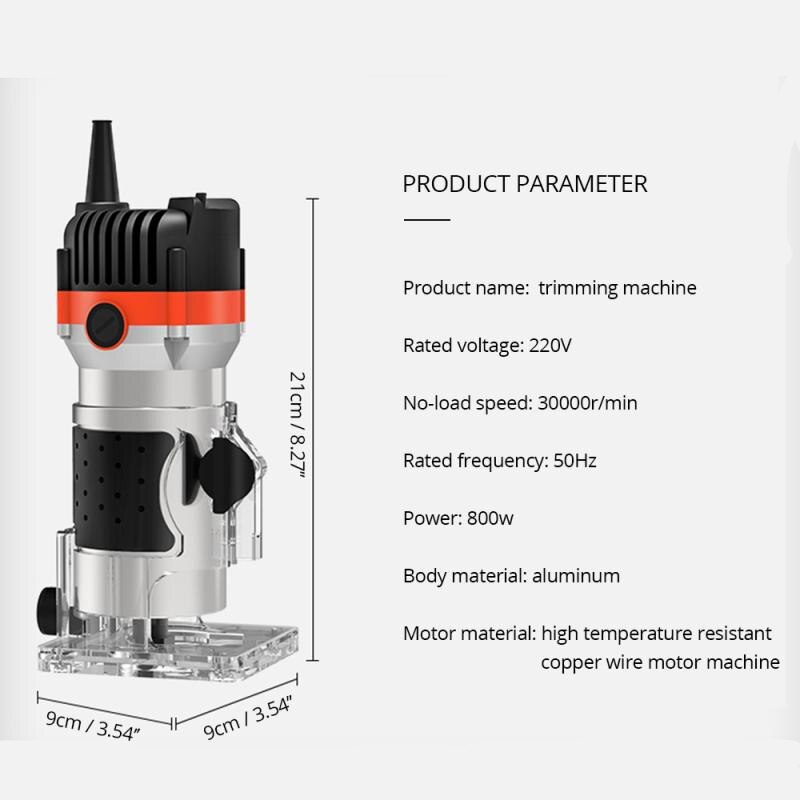 800W Woodworking Electric Trimmer Machine Slotting Machine Wood Engraving Machine Drilling Machine with Milling Cutter PowerTool