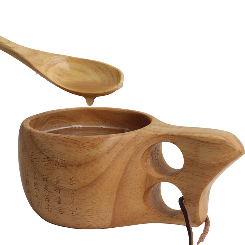 Taza de café portátil con mango de madera, gancho de cuerda de cuero de dos agujeros para zumo, taza de té de la leche, tazas de agua de cocina de protección medioambiental