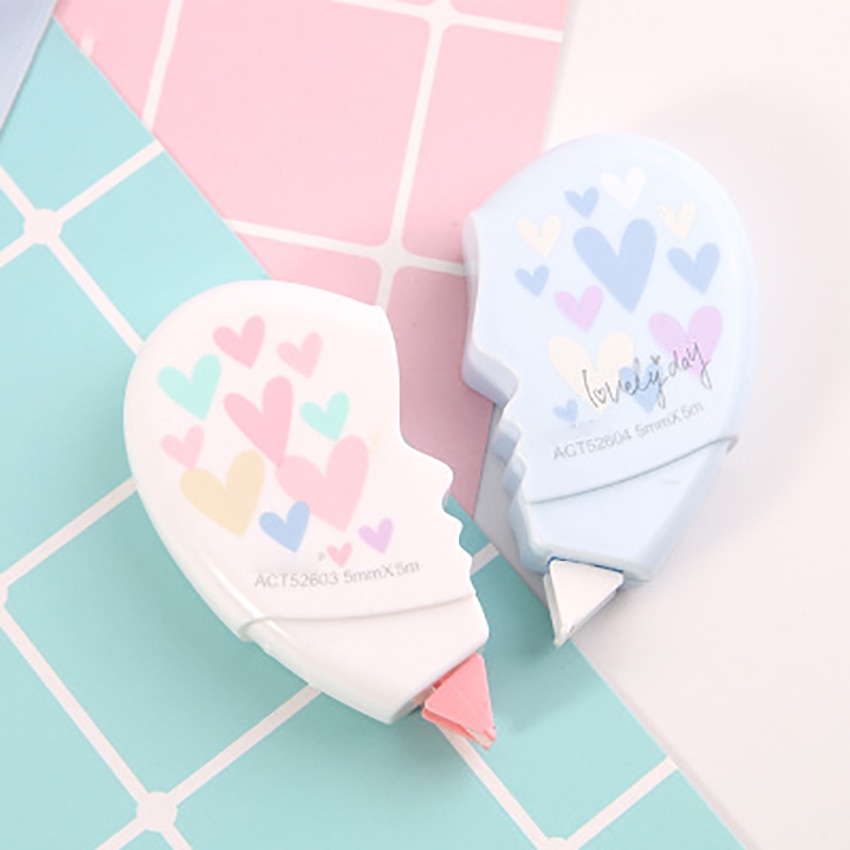 Cinta correctora en forma de corazón para estudiantes, 1 Juego de 10M, material de oficina para la escuela, Corrector de escritura, papelería, novedad