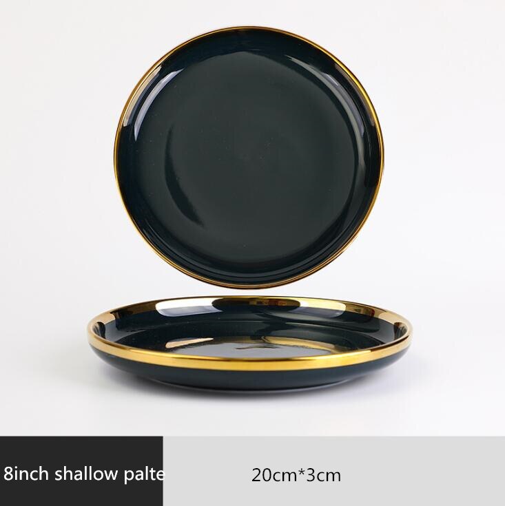 Jante dorée porcelaine vert foncé ensemble d'assiettes de cuisine assiette en céramique vaisselle nourriture plats riz salade nouilles bol tasse couverts: 8 inch Shallow plate