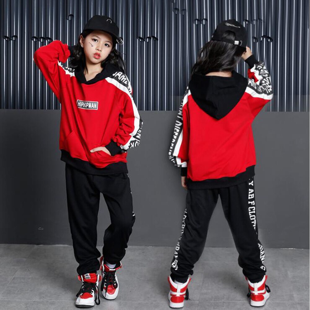 Rouge filles salon Jazz Hip Hop danse Performance Costumes à capuche chemise hauts pantalons enfants garçons danse vêtements tenues scène porter