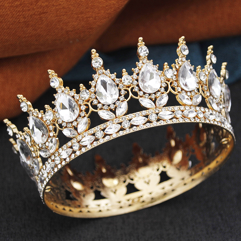 Barokke ronde diadeem koninklijke koningin koning tiara's en kronen feest verjaardag bruids trouwjurk kroon sieraden accessoires: Licht Geel Goud Kleur