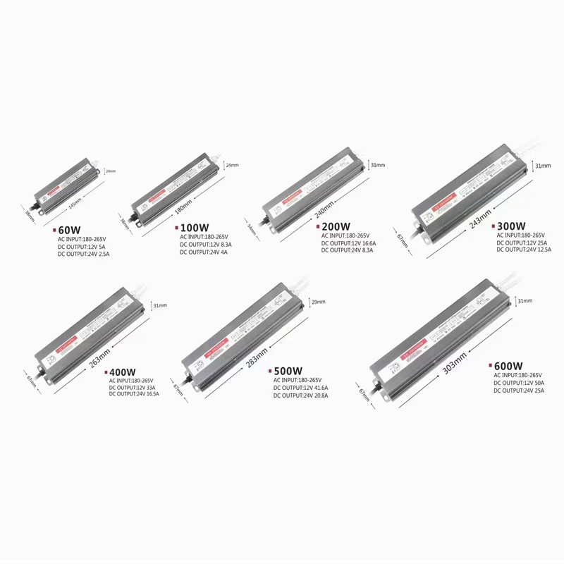 LED-Lampenbeleuchtungstransformatoren AC180-265V zu DC12V DC24V100W200W400W600W Wasserdichte IP67-Versorgungsbeleuchtung Aluminiumtransformatoren