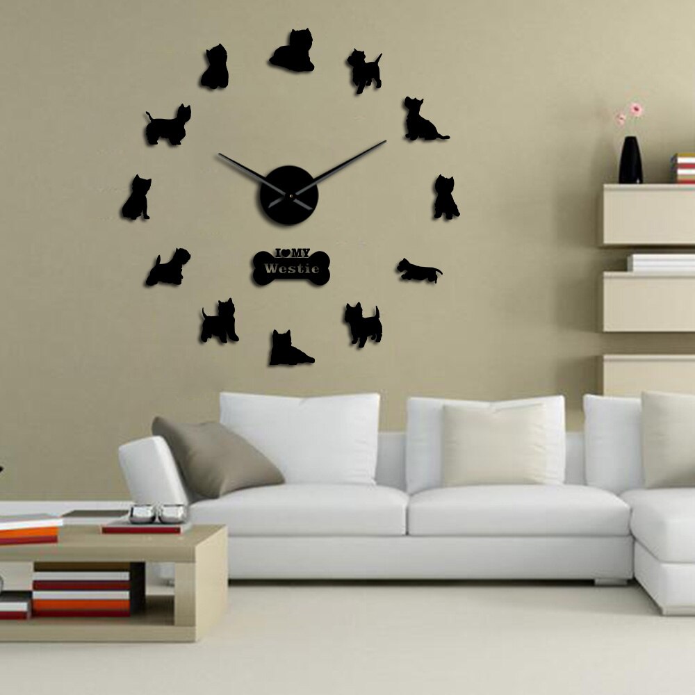 West Highland White Terrier-Reloj de pared gigante, bricolaje, efecto espejo, arte de pared acrílico, perro mascota, amo a mi Westie, reloj de pared de manos largas: Negro