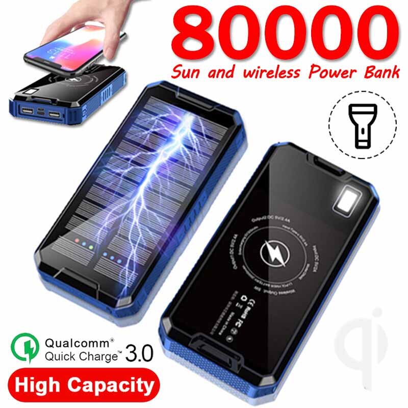Solar Wireless Charging Battery Power Bank 80000 mA Solar Panel Solar External Charger Portable for iPhone Samsung Huawei