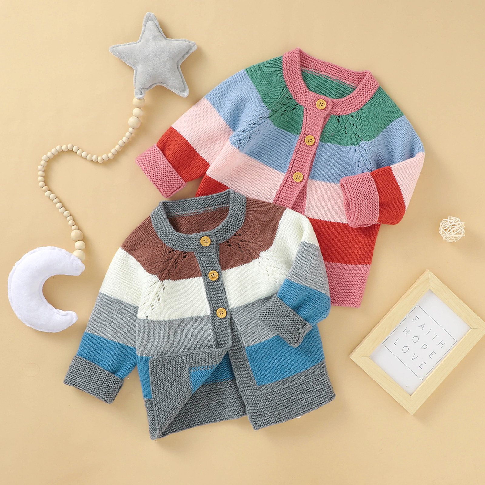 Cárdigan de punto para niños pequeños, chaqueta de manga larga con cuello redondo y rayas de arcoíris, prendas de vestir informales de un solo pecho, 4 colores, otoño