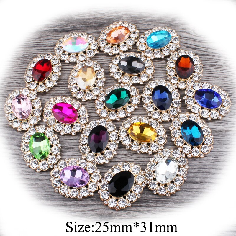 10 stk/parti 25mm*31mm diamantknapper i gyllen legering flatback dekorasjoner akryl rhinestone knapp gjør-det-selv bryllup tilbehør