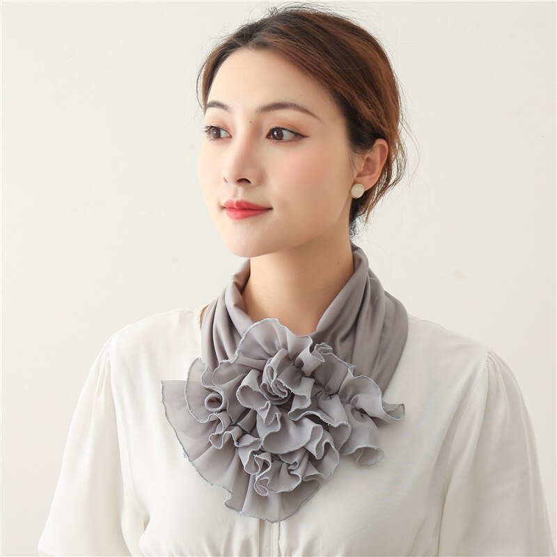 women Floral Neck Ring Scarf Chiffon Collar Tie Muslim Hijab Hat Indian Turban Lady Office Neckerchief Skinny Hair Scarves soild: LJ23-16 gray