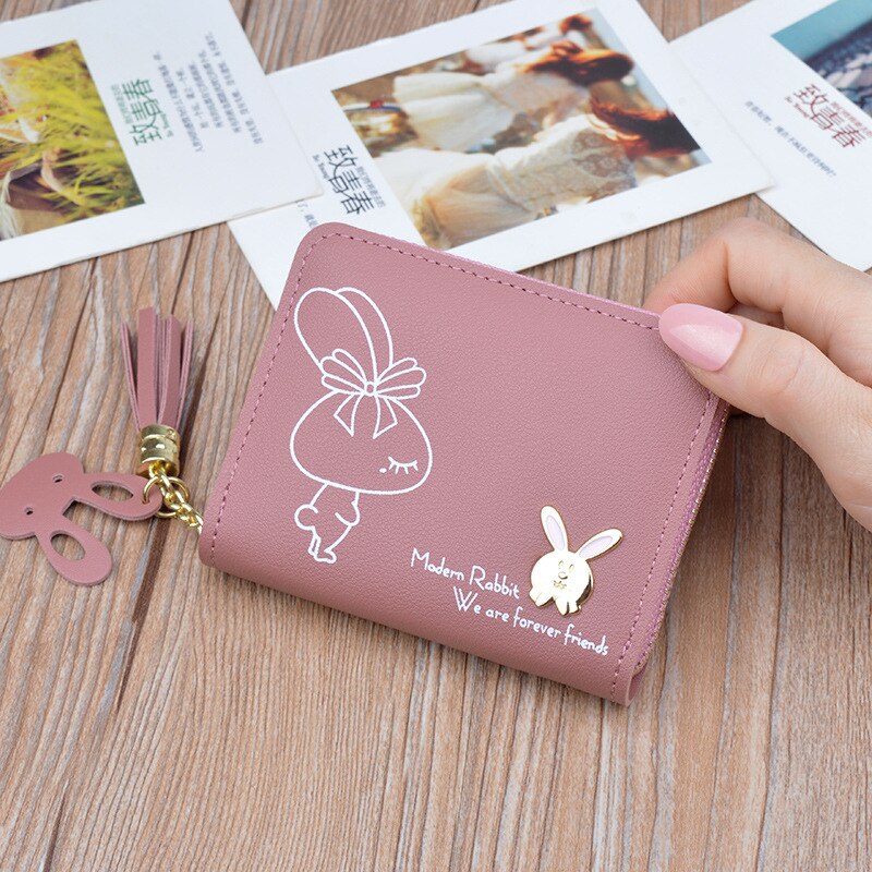 Tegnebog kvinders korte lynlås tegnebog studerende koreansk stil sød kanin mini nøglepung kvinder afslappet kvast små tegnebøger: Mørk lyserød