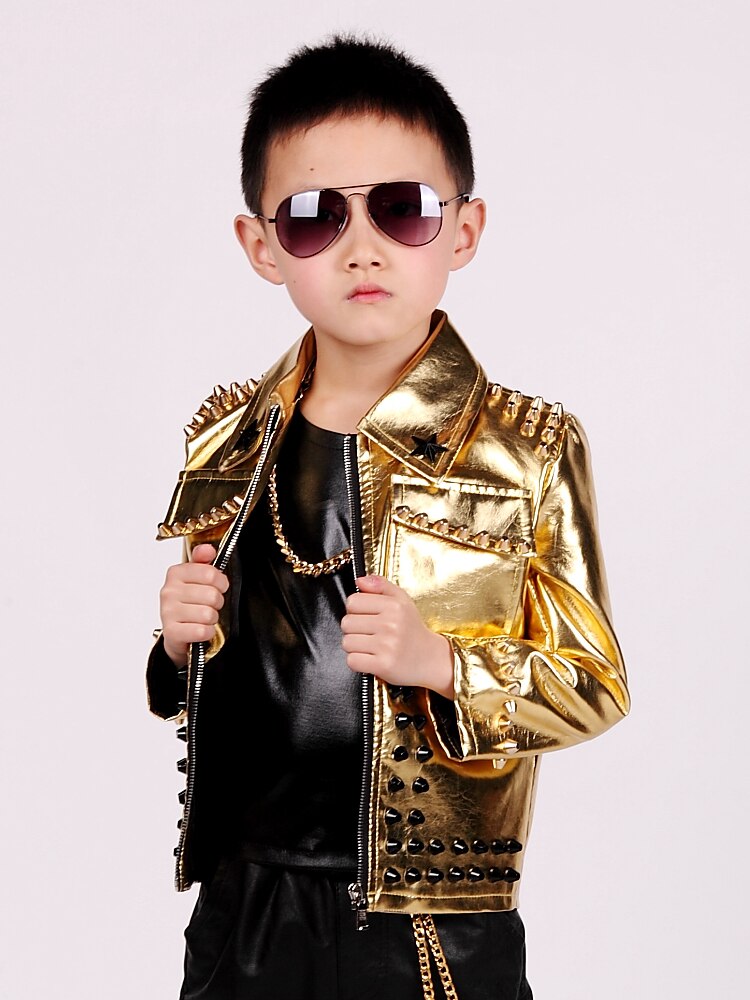 Baby boy clothes Gold children leather jacket rivet zipper stage dance clothes modis kids Hip hop outerwear Y1232