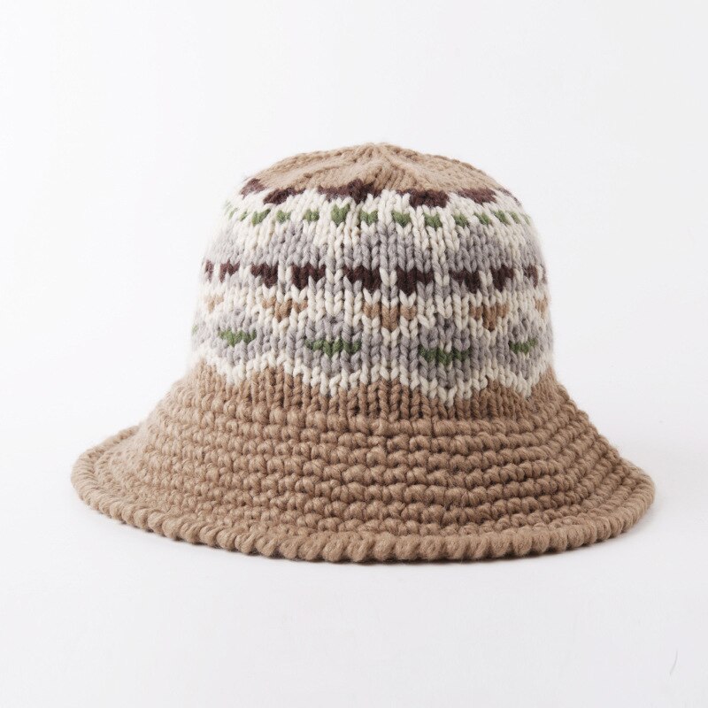 Autumn Winter Knitted Bucket Hats Female Bucket Hat for Women Girl Thickened Soft Warm Fishing Cap Outdoor Lady: Khaki