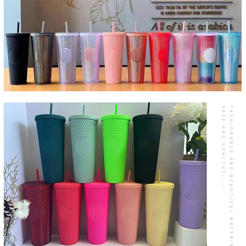 710ml Kaffee Tasse Sommer Kalten Wasser Becher Becher Tasse Mit Stroh Doppel Schicht Kunststoff Durian Diamant Strahlende Göttin tassen