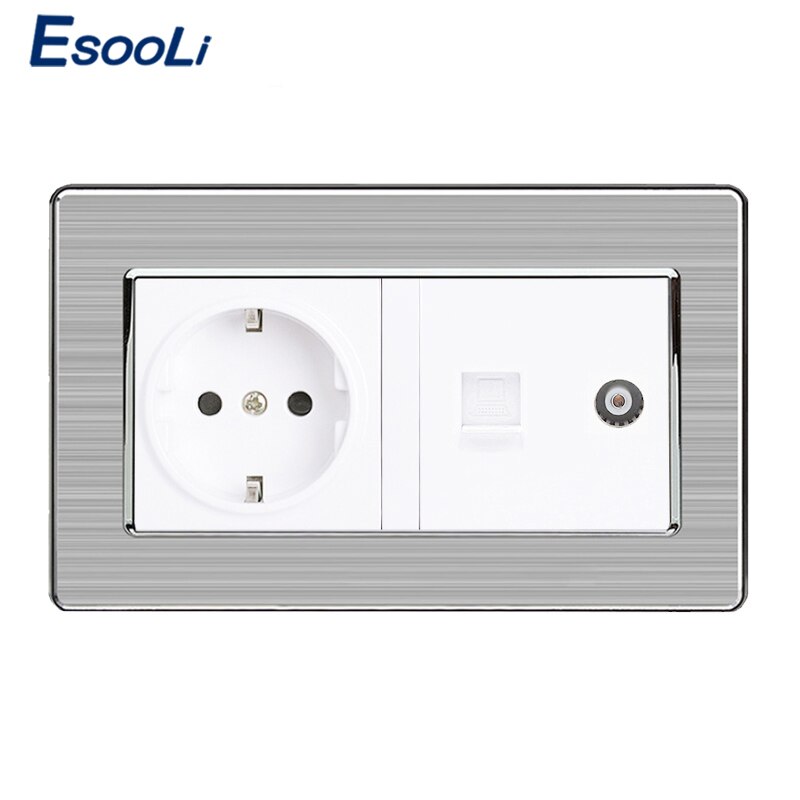 Esooli eu standard vægstik+hun tv-stik med internet computer data  rj45 kat 5e stik rustfrit stål børstet panel: Hvid