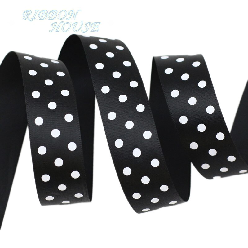 2Meters/Lot 25mm Polka Dot Printed Satin Ribbons DIY Crafts Handmade Material Party Box Decoration Ribbon: Black