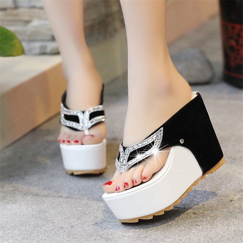 Rhinestone Sandals Thick Heel With Feather High Heel Wedge Wedge Platform Wedge Shoes Women Slippers Sandals