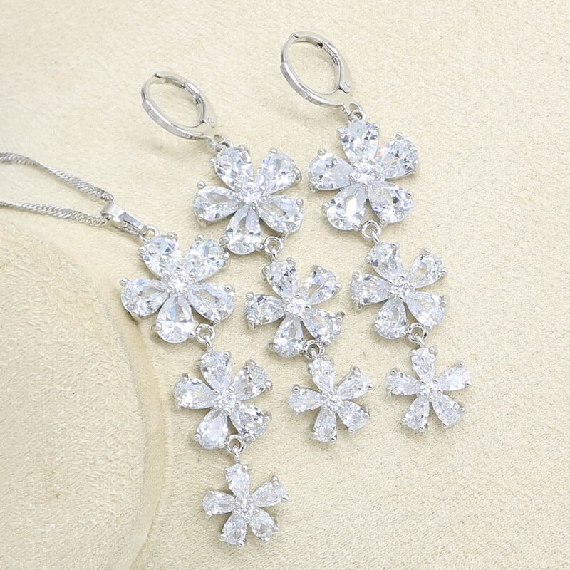 White Zircon Silver Color Wedding Jewelry Set for Women Bracelet Earrings Necklace Pendant Birthday: 2PCS No Bracelet