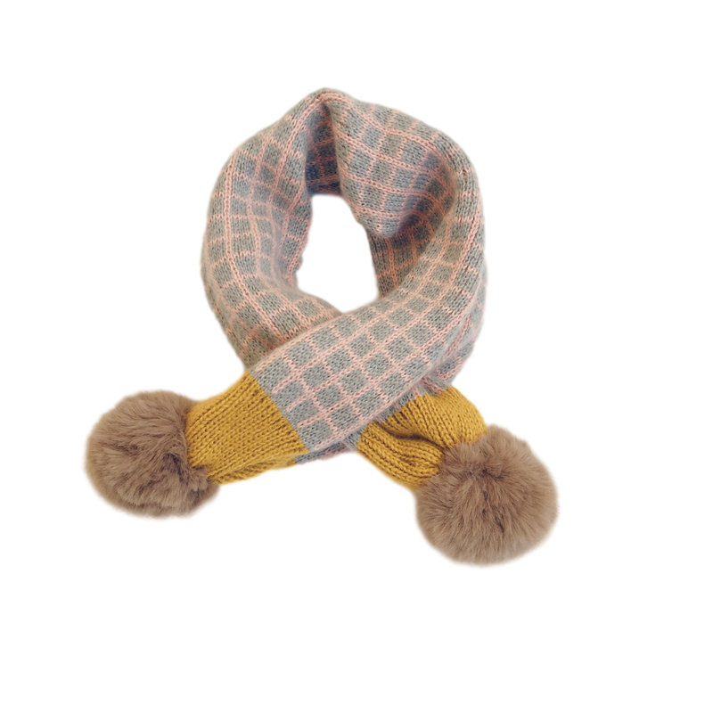 Écharpe tricotée à pompon en fausse fourrure pour enfants, écharpe d&#39;hiver à carreaux pour garçons et filles, cache-cou, accessoires pour bébés: A
