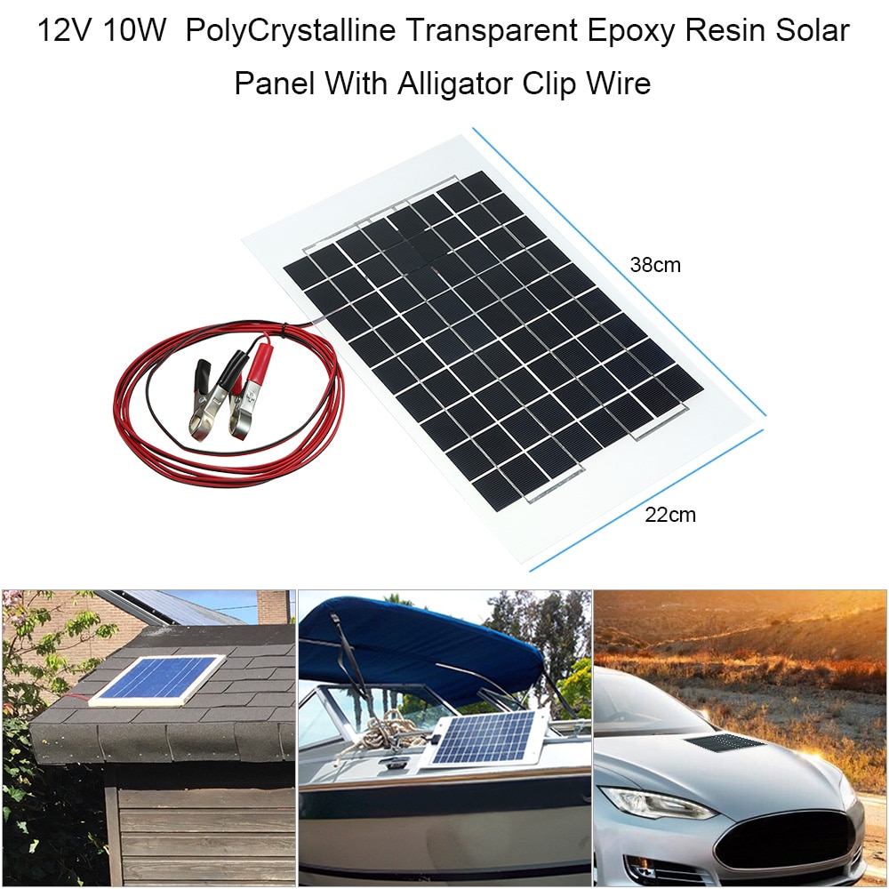 Biltilbehør 12v 10w 38 x 22 cm polykrystallinsk gennemsigtig epoxyharpiks solcellepanel med krokodillenæb