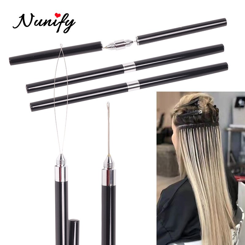 Nunify Pen Stijl Rvs Zwart Haak Naald Met Loop Threader Naald Met Pakket Haar Weven Naald Vlechten Klink