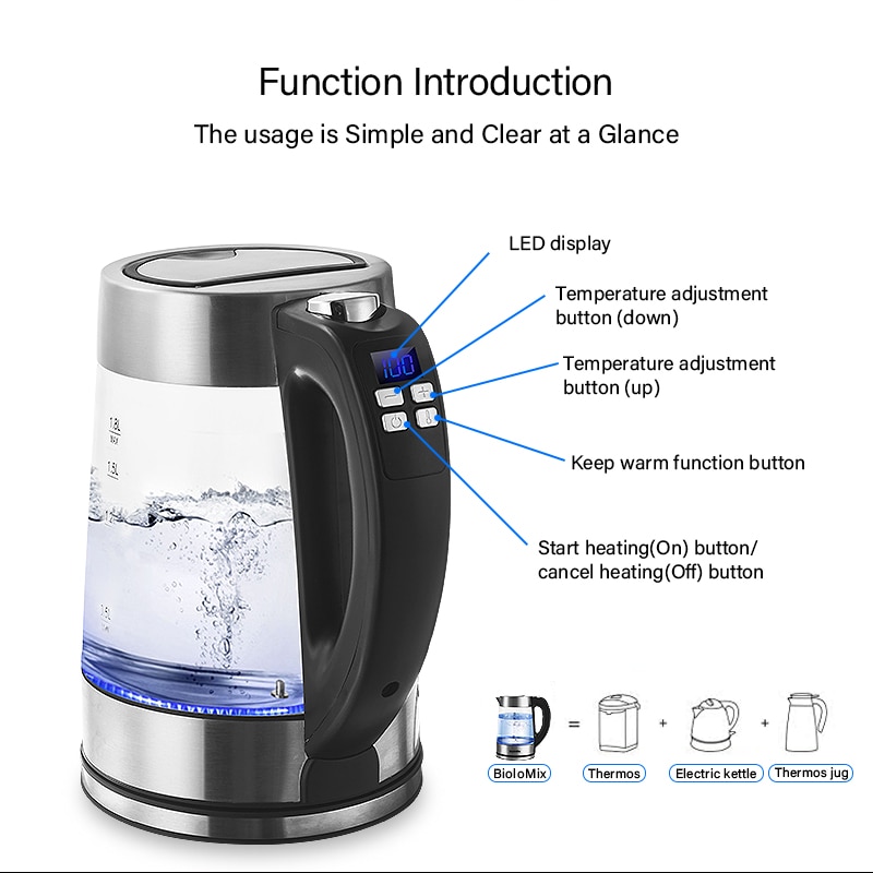 BioloMix – bouilloire numérique en verre, 1,8 l, 2200W, théière à café, avec contrôle de la température et fonction de maintien au