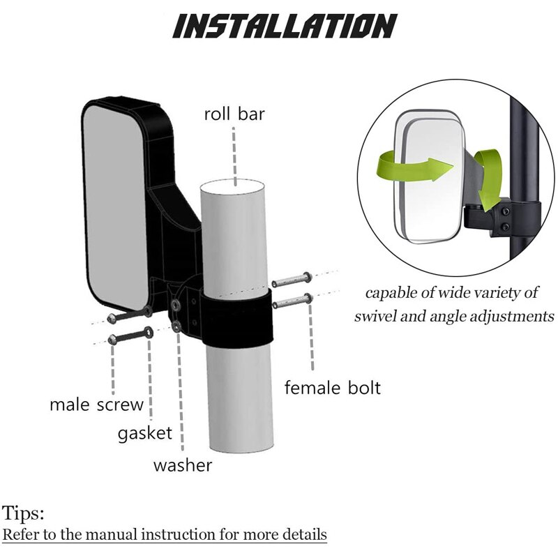 2PCS UTV Side View Mirrors for 1.75"/2" Roll Bar Cage Adjustable Wide Rear Clear View Mule Mirrors for Polaris RZR for Kawasaki