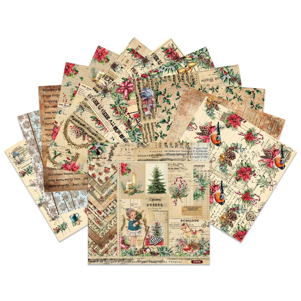 24 Sheets Scrapbook Paper Christmas Elements DIY Journal Supplies Aesthetic Retro Decorative Paper Scrapbooking Supplies Kit Eas
