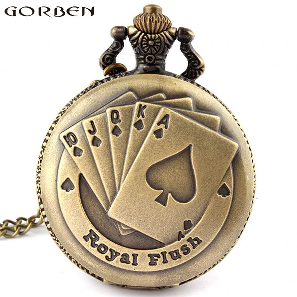 Flush poker mønster halskæde ur vintage stil bronze vedhæng kæde ur kvarts lommeur xmas  p80
