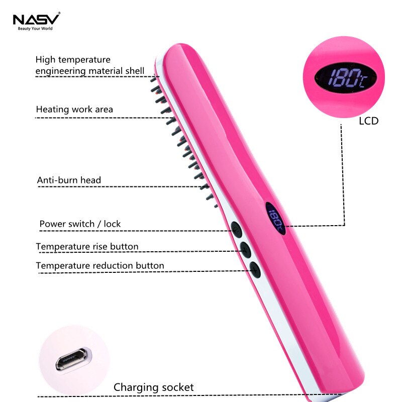 Nasv trådløs usb glattejern børste genopladeligt batteri lcd bærbar elektrisk lige mini hår kam styling værktøjer
