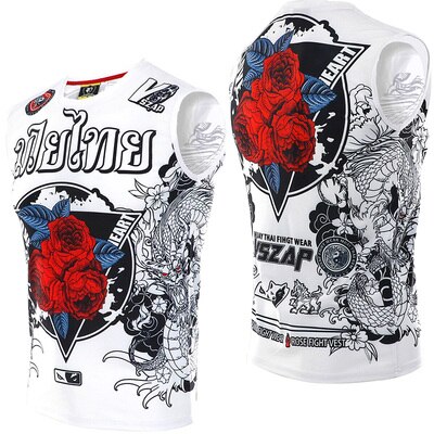 Vszap rose boksning sports t-shirt muay thai kamp fitness elasticitet skjorte ærmeløs boksetøj muay thai shorts mma: S / Hvid